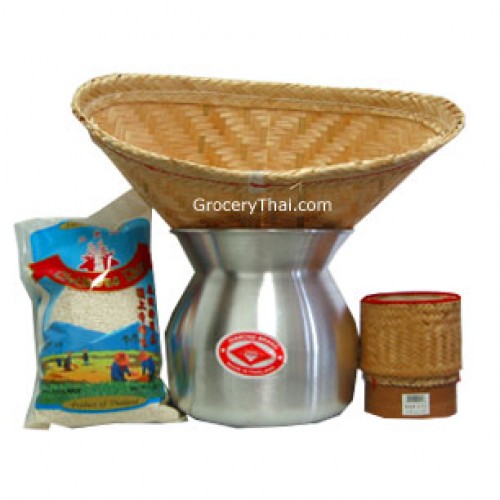 Sticky Rice Set (Rice, Pot, Basket, Container); Thai ingredients, groceries  and food store